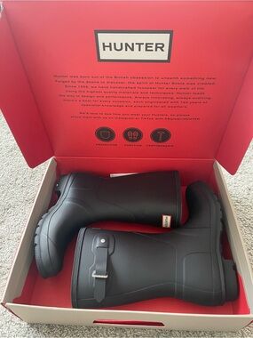 Hunter Black Rubber Short Rain Boots with Buckle